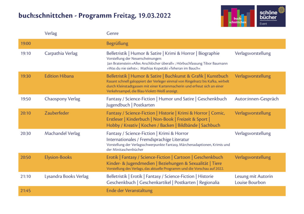 Buchschnittchen Leipzig-Edition: Programm am Freitag, 19.3.22