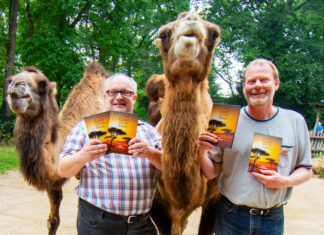 Tierischer Fototermin im Kamelgehege: Was die Bibel und den Dortmunder Zoo verbindet. Dortmunds Zoodirektor Dr. Frank Brandstätter (links) und OCM-Verleger Georg Nies stellen ihr Buch gemeinsam im Kamelgehege vor.