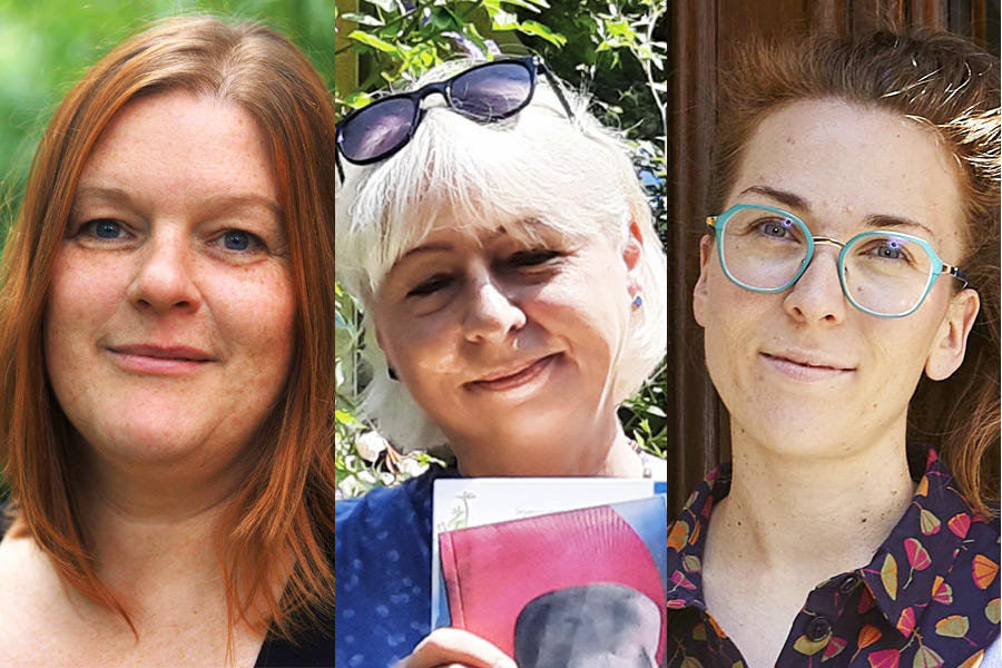 Gewinnerinnen des Sächsischen Verlagspreises 2022 (v.l.n.r.): Kirsten Witte-Hofmann (edition überland), Barbara Miklaw (Mirabilis Verlag), Anne Friebel (Palomaa Publishing).