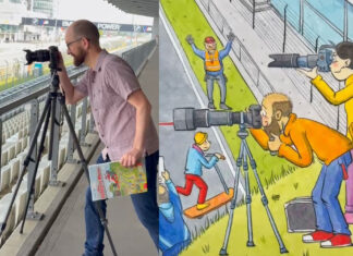 Mit spitzem Stift: Wie es ein Verleger ins Nürburgring-Wimmelbuch geschafft hat. Fotograf und Verleger Sven Nieder live am Nürnburgring (links) und gezeichnet im Wimmelbuch von Mele Brink (rechts).